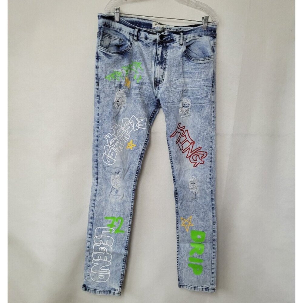 FWRD Denim Jeans Men 36x32 Blue Graphic Distressed Streetwear Grunge King Legend